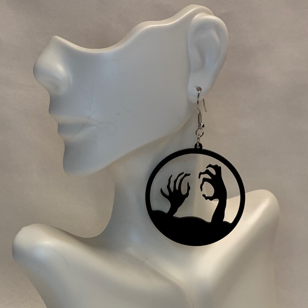 NWT! Black Round Acrylic Halloween Scary Hands Coming Out of Ground Earrings!